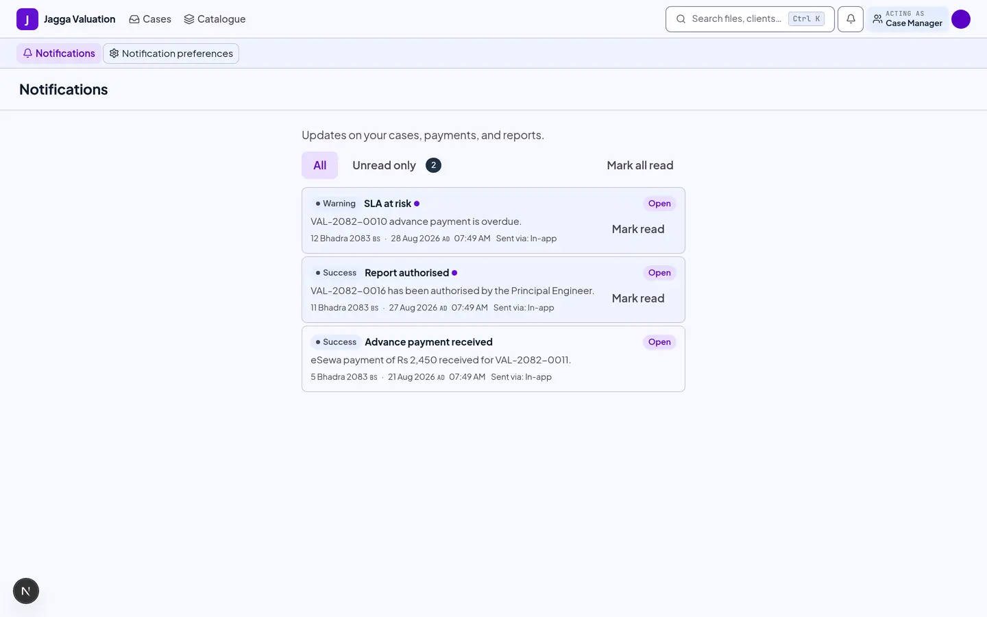 The notification centre listing new leads, payments and service-level warnings.