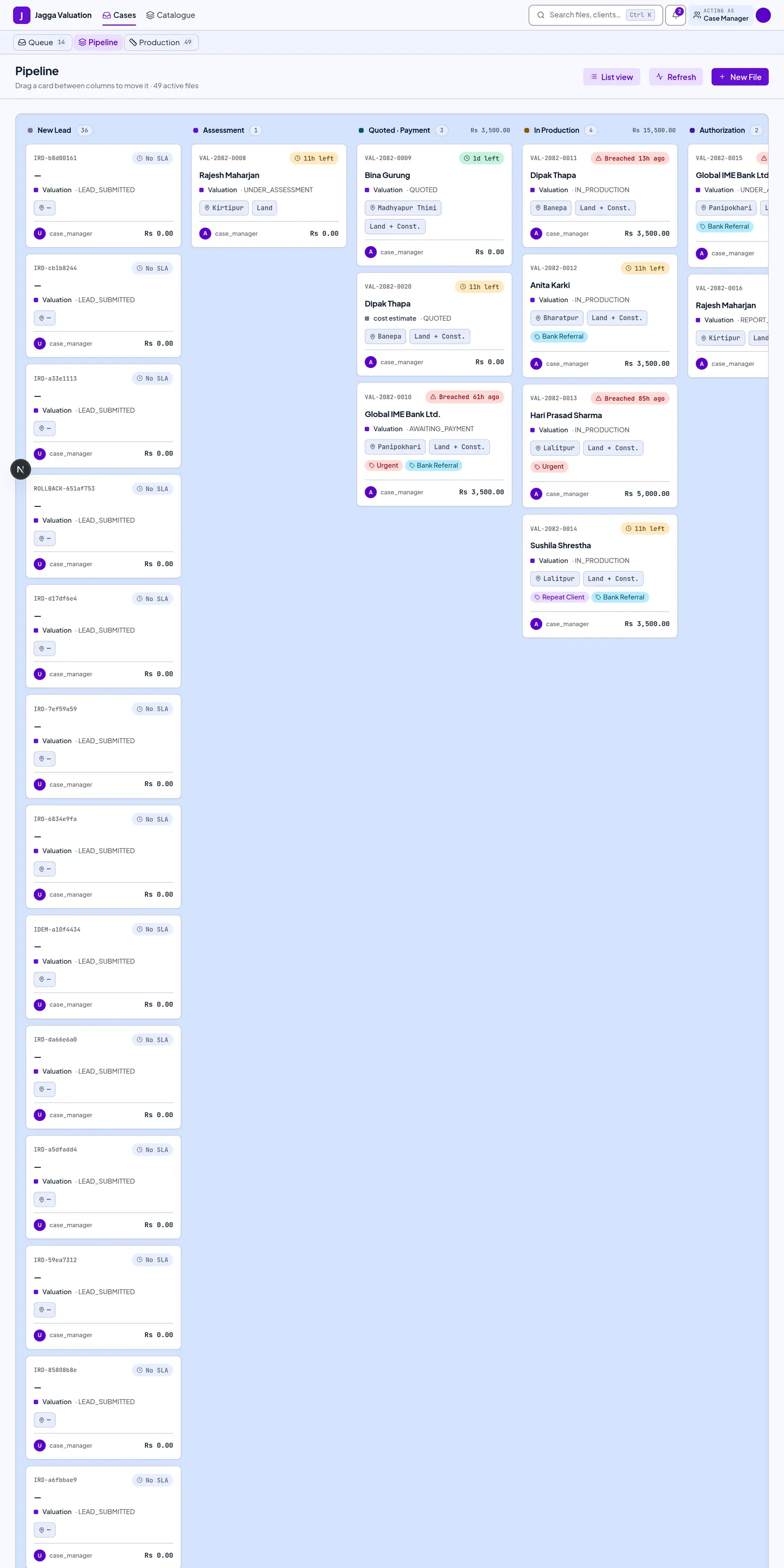 A Kanban-style pipeline board with cases grouped into columns by stage.