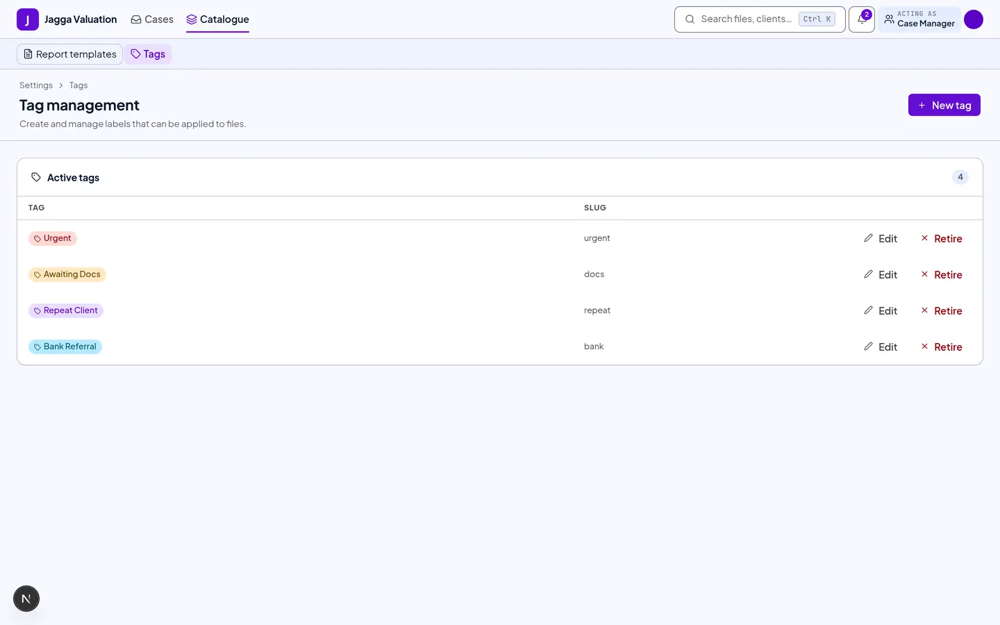The tag management screen listing firm-wide tags with colours and usage counts.
