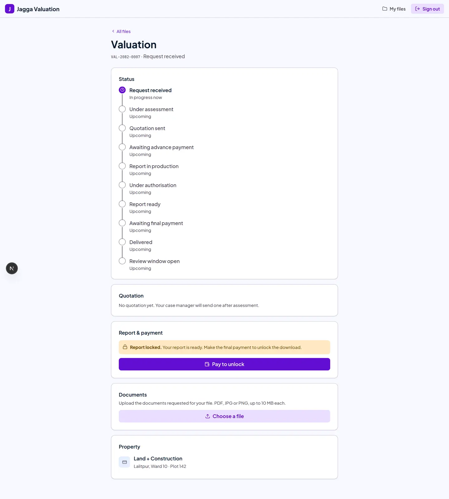 A file detail page with property information, documents, payments, activity feed and message thread.