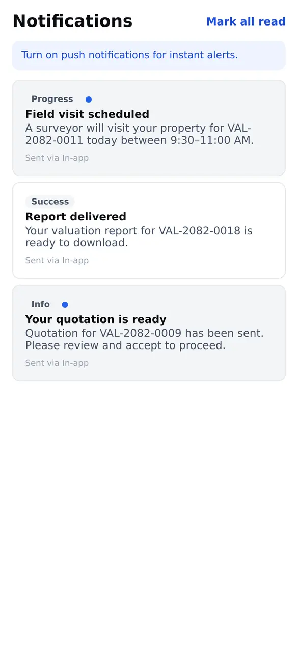 The mobile notifications screen listing status updates for the client\u2019s files.