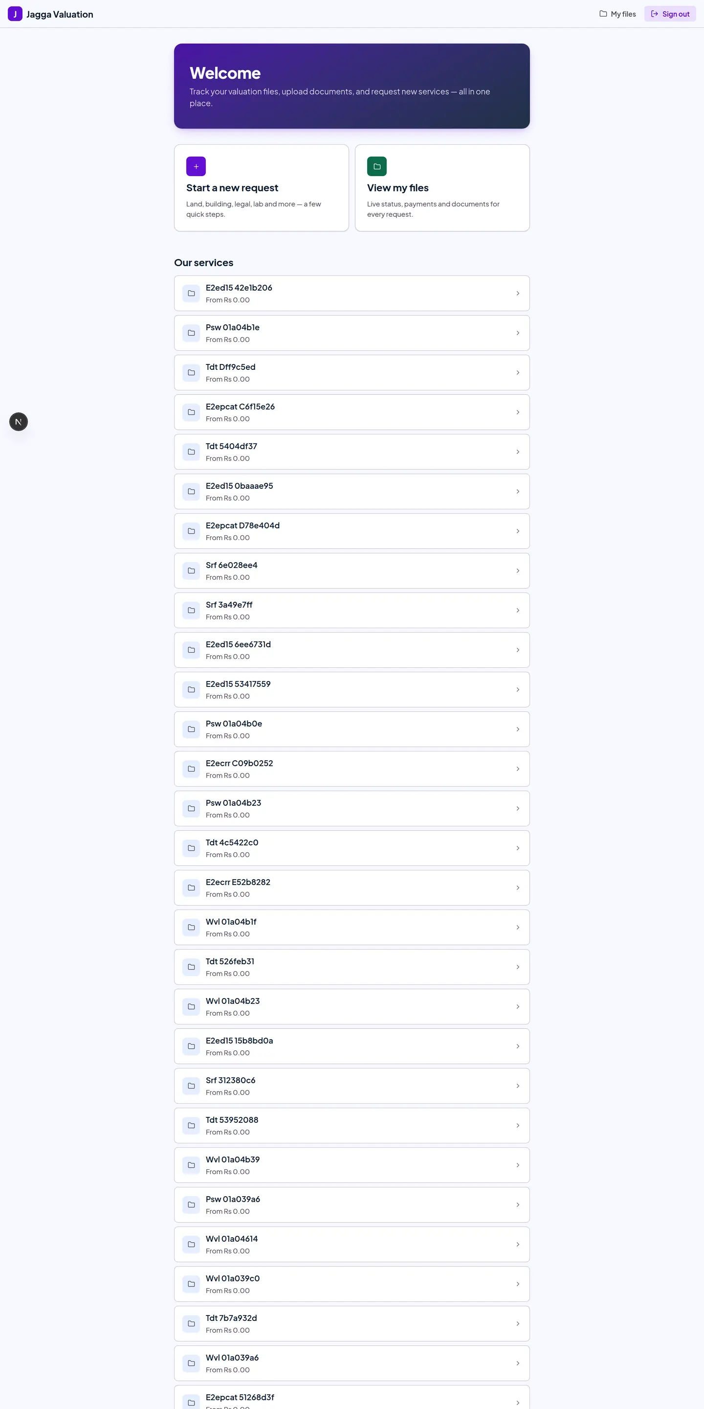The client portal home page showing available services with request and my files actions.