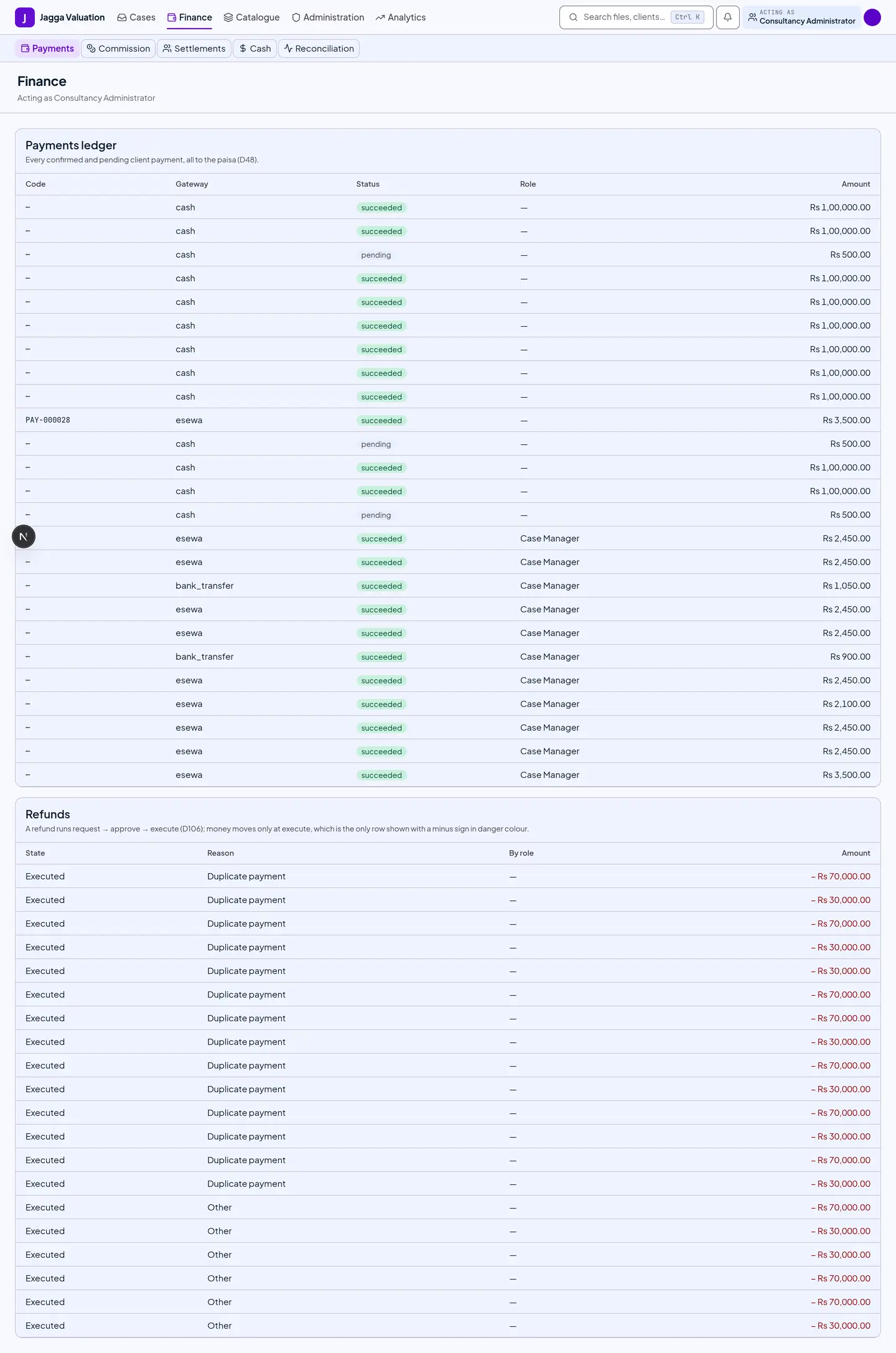 The payments screen scoped to one consultancy, listing files with paid and due amounts.
