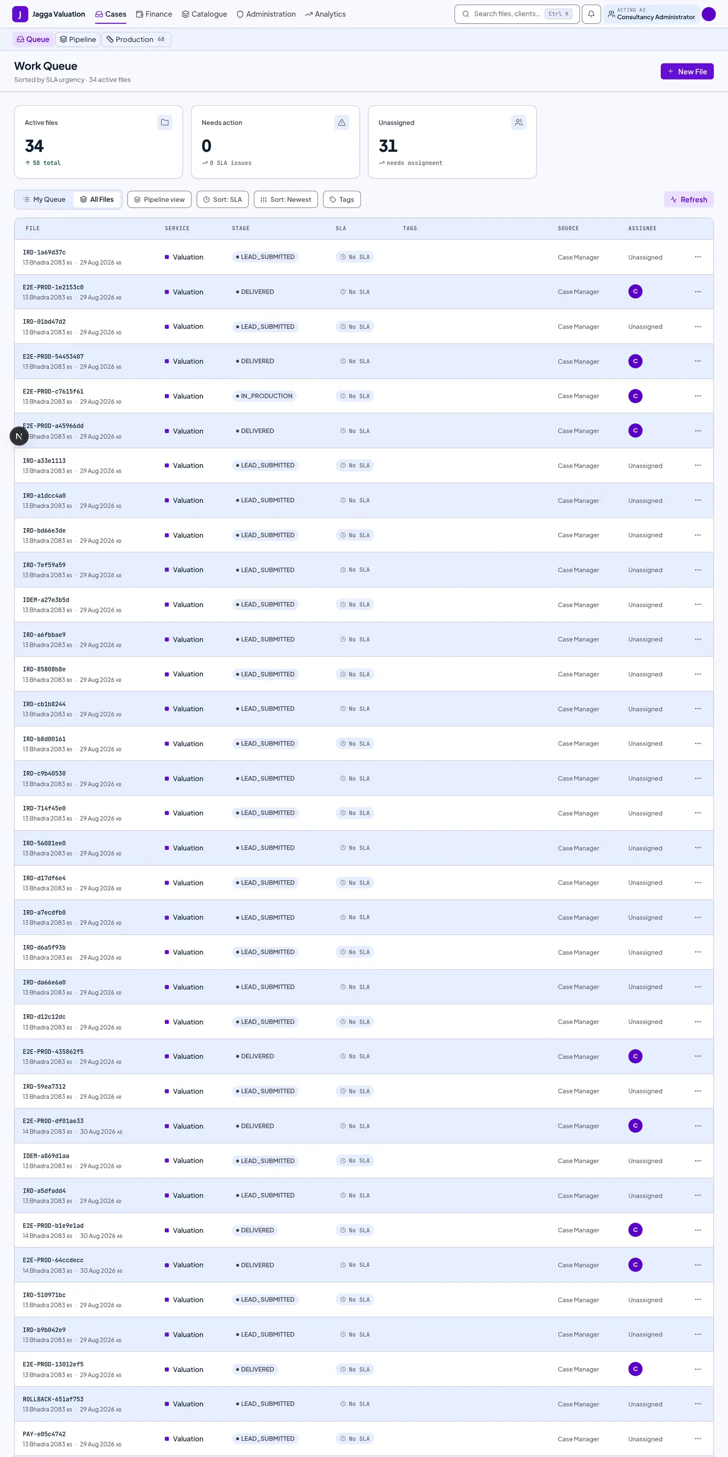 The work queue showing every case in the consultancy across all case managers.
