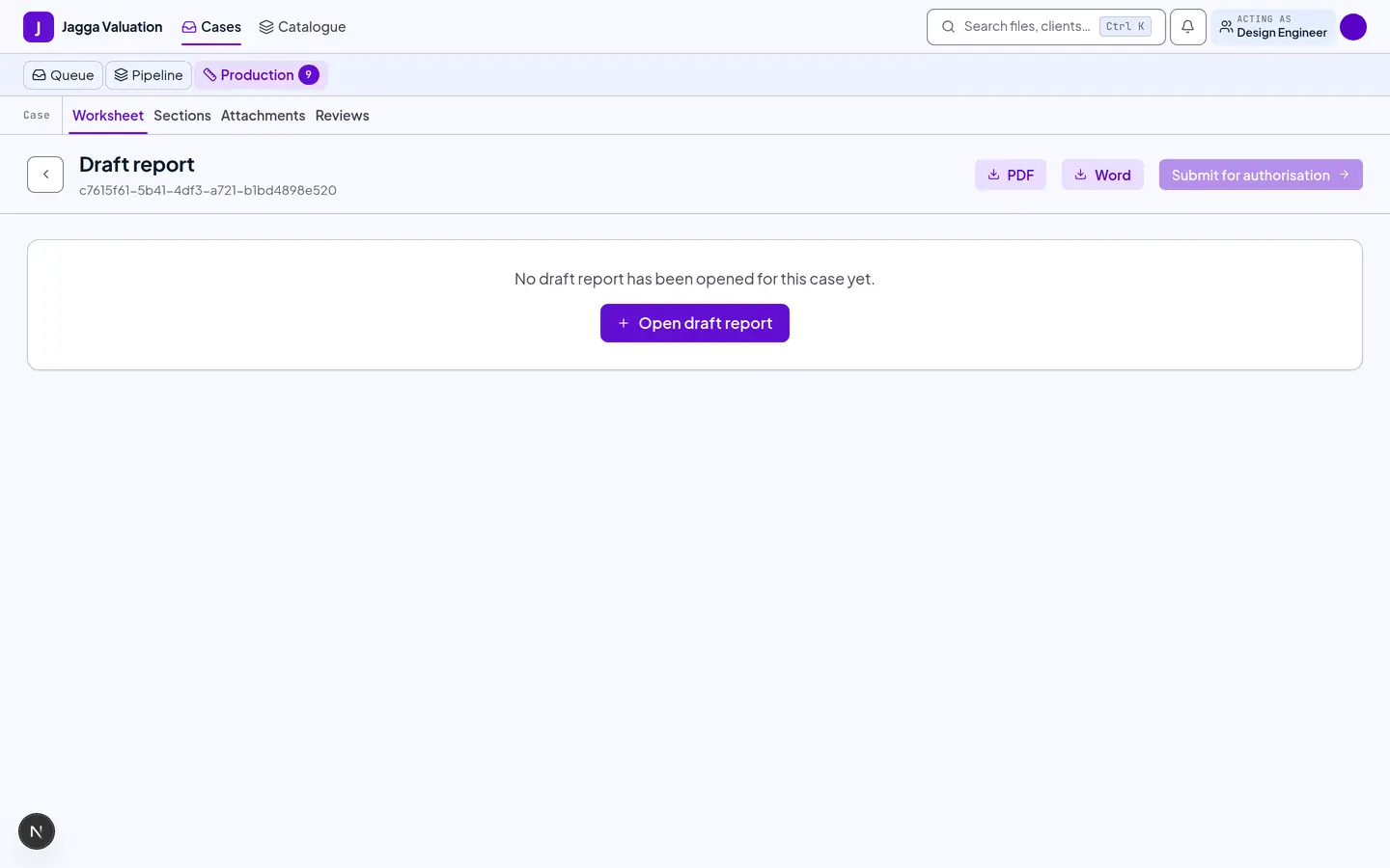 The drafting worksheet with valuation inputs on the left and a live report preview on the right.