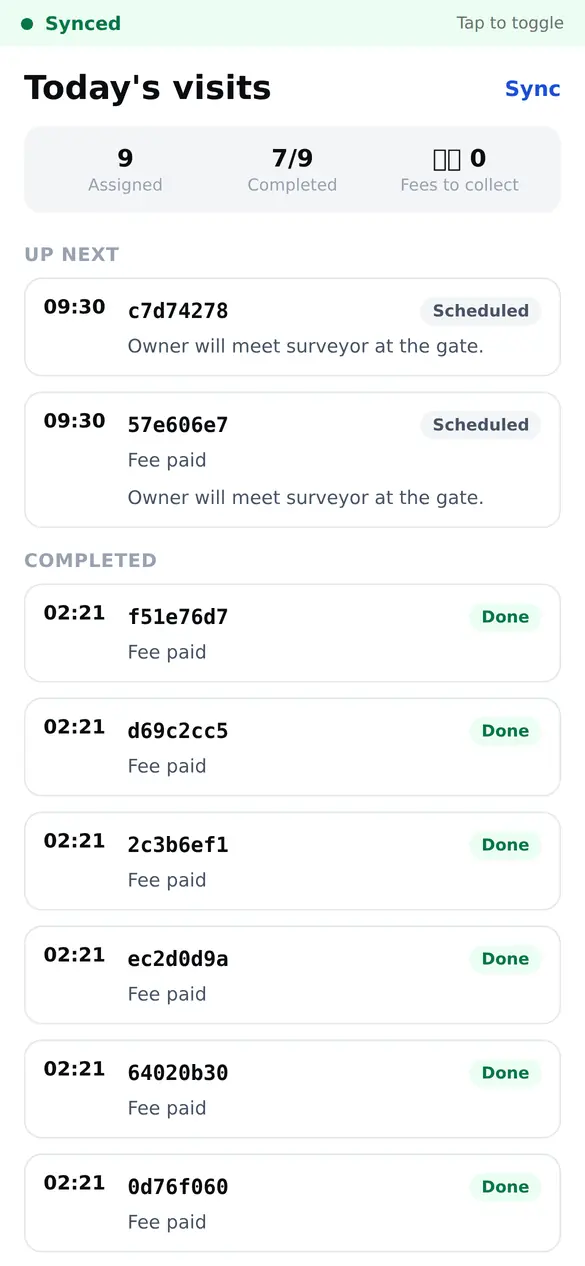 The surveyor route screen on a phone, listing the day\u2019s visits with time windows, status and fee.