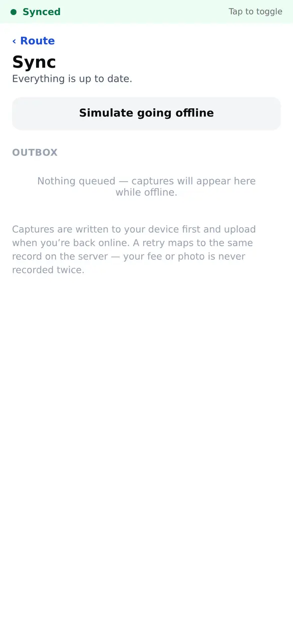 The sync screen on a phone showing connection state and an empty outbox reading everything is up to date.
