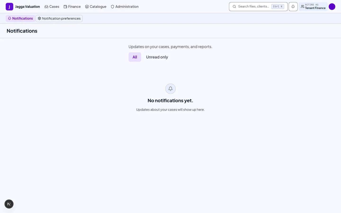 The notification centre for finance, listing payment receipts, refunds and reconciliation items.