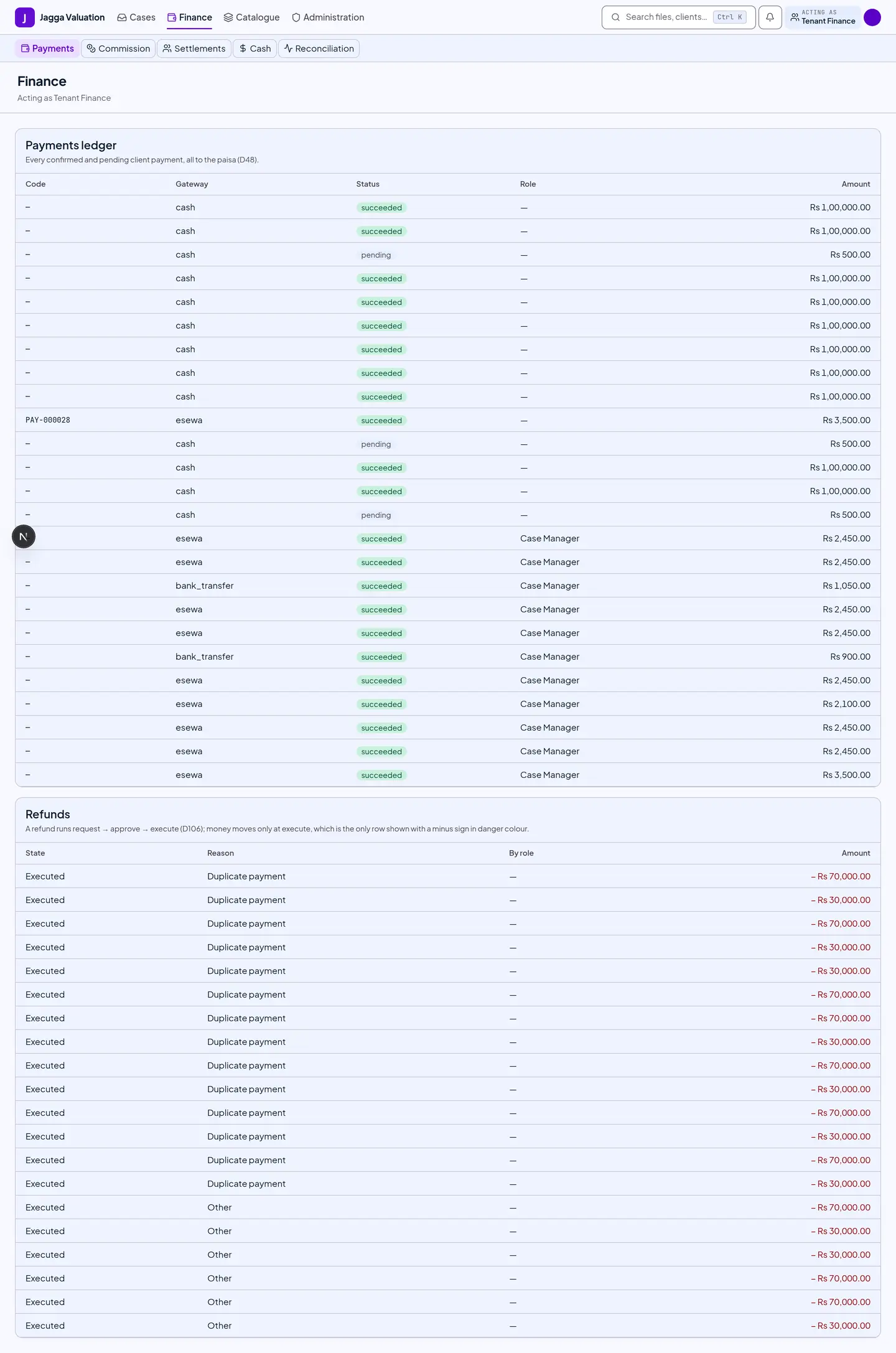 The payments ledger listing milestones with amounts, methods, gateways and settlement state.