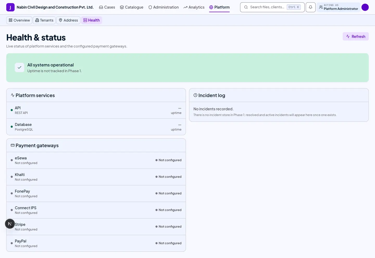 The health screen with uptime, service status, gateway status and an incident log.