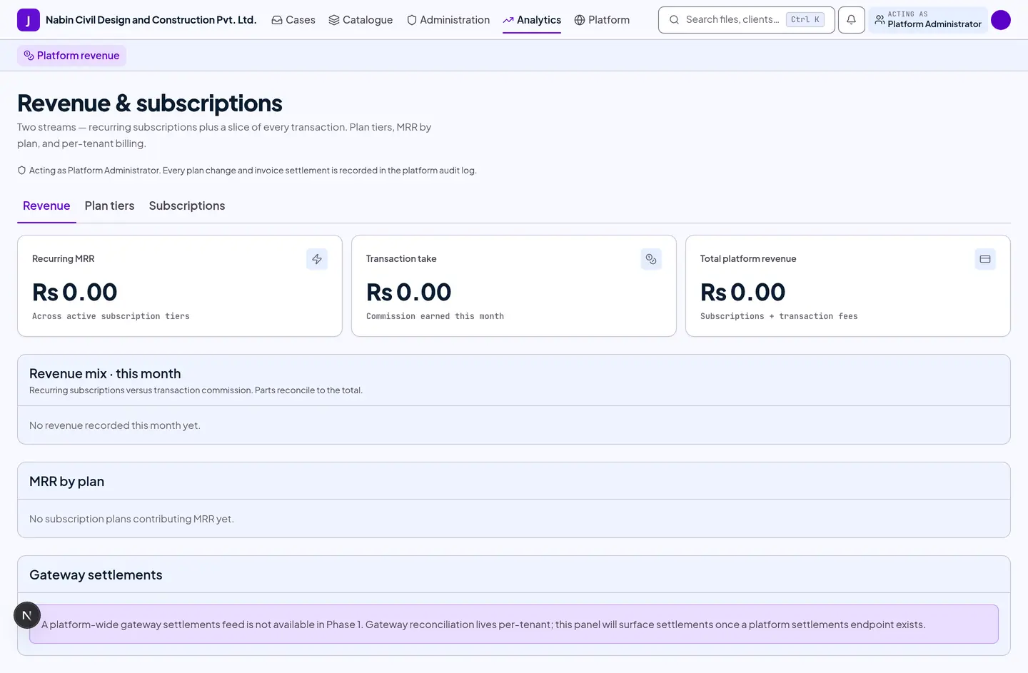 The revenue console with subscription income, take rate, a trend chart and gateway settlements.