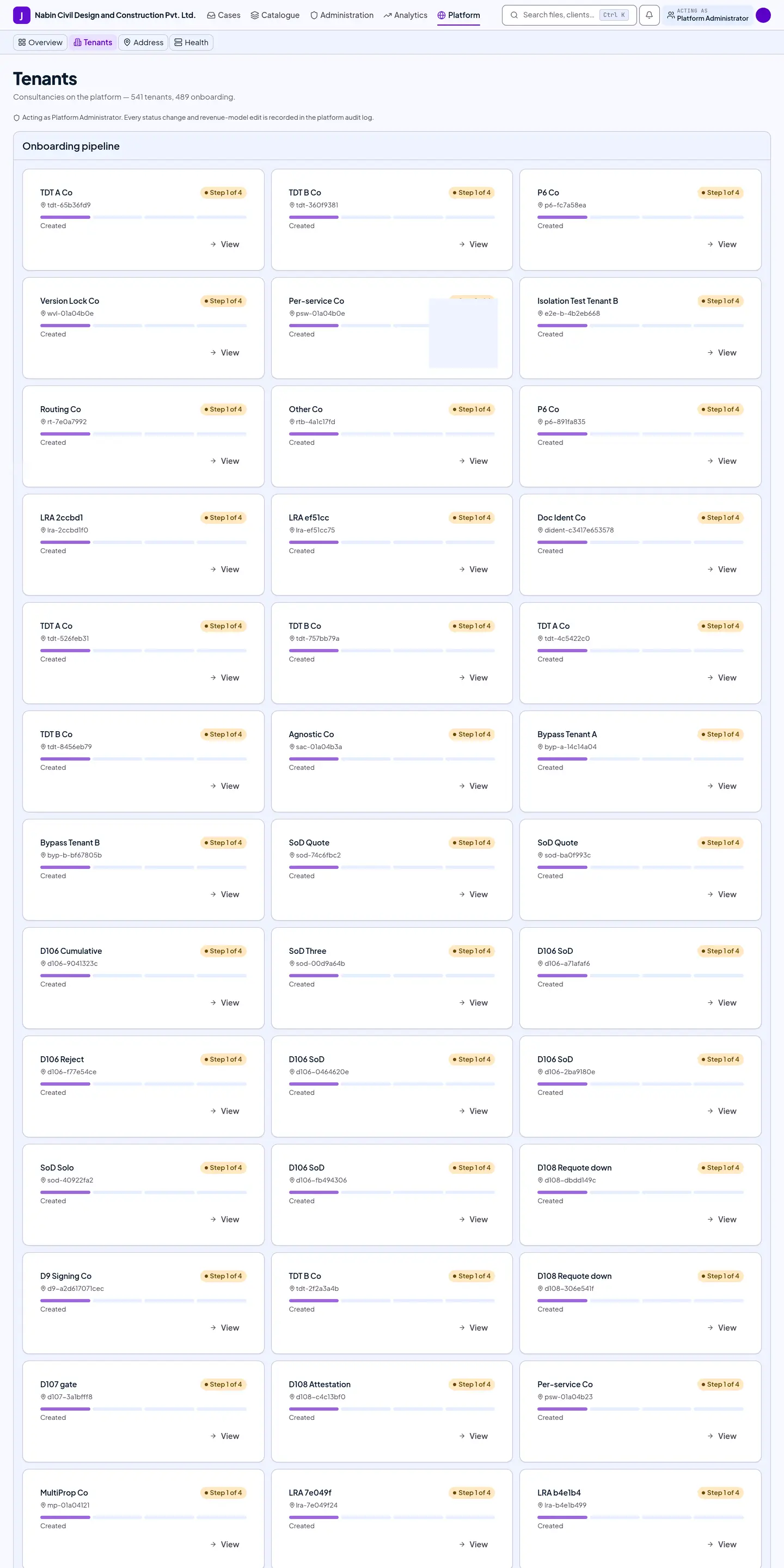 The tenant directory listing firms with plan, status, staff count, file volume and value processed.