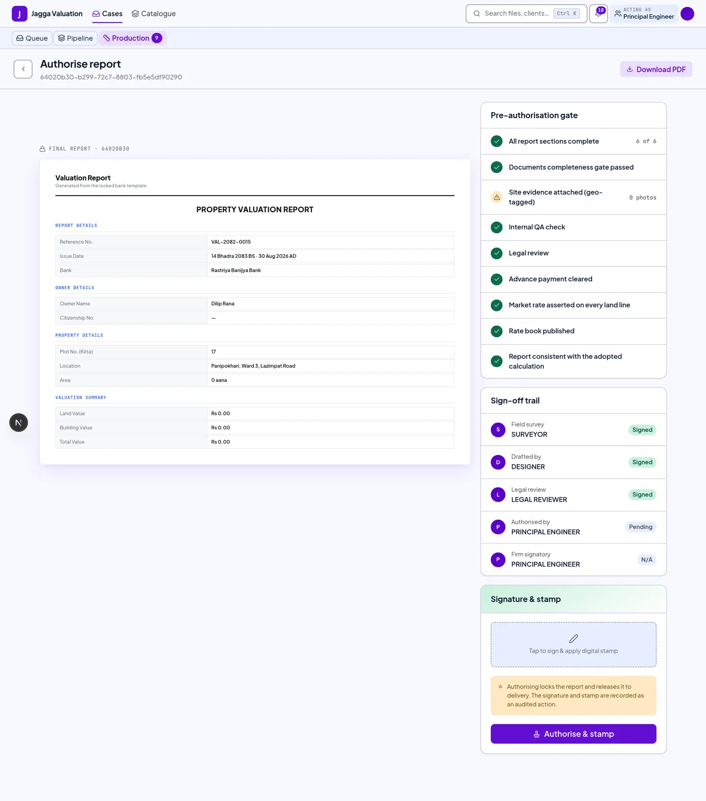 The authorise screen with a pre-authorisation checklist, signature and digital stamp controls.