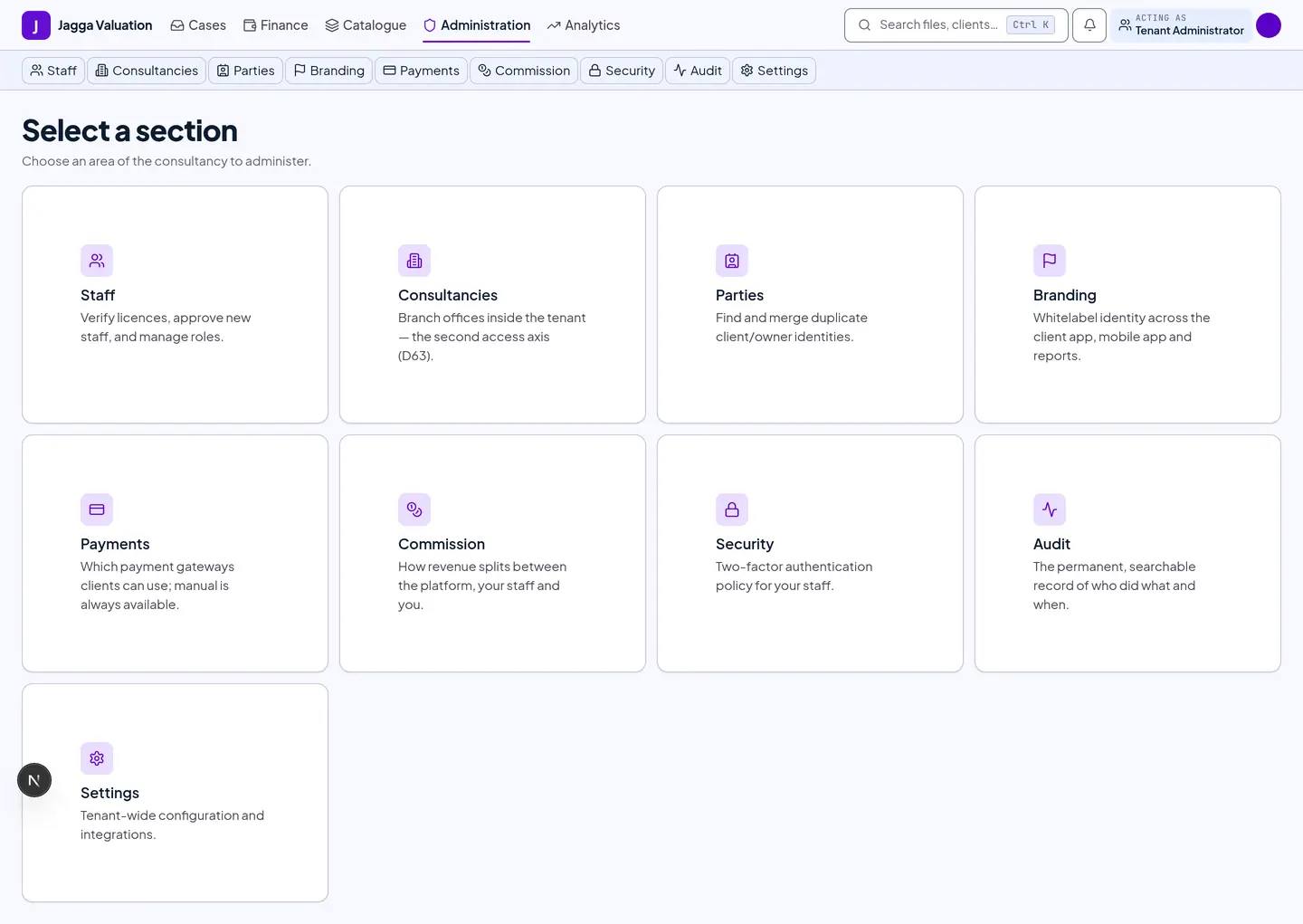 The administration home screen with cards for each configuration area.