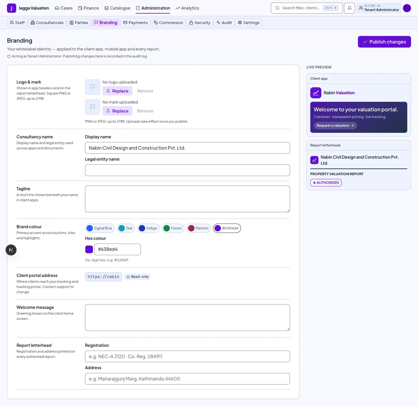 The branding screen with legal name, tagline, logo upload and an accent colour picker.