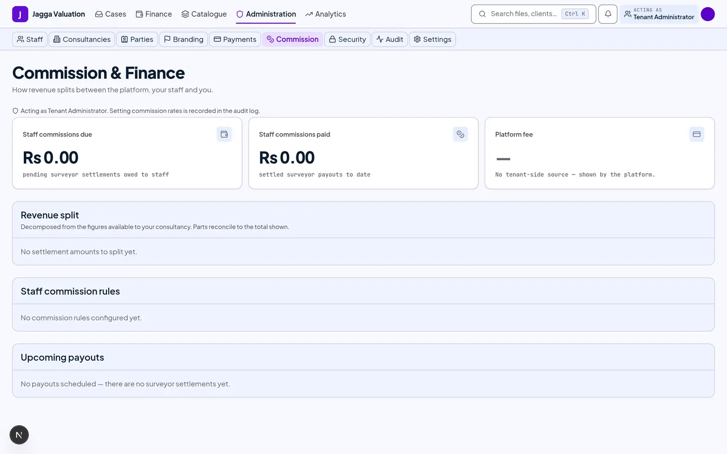 The commission configuration screen with gross, platform fee and per-role rules.