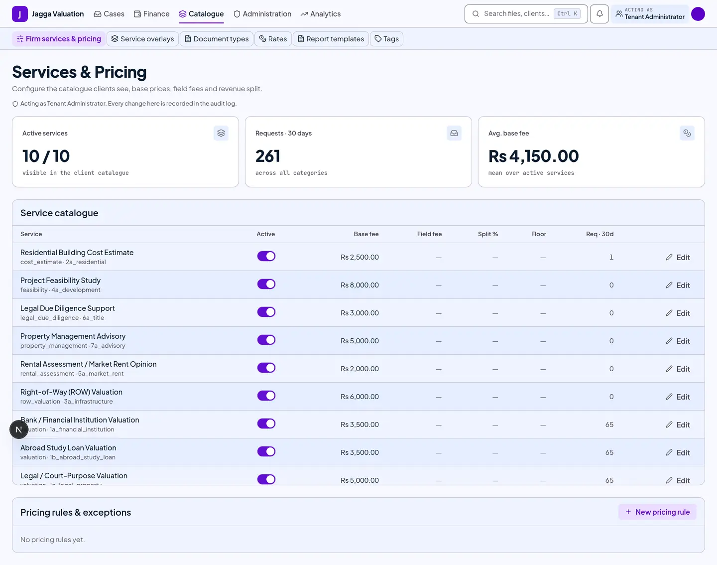 The services and pricing screen listing services with base price, field fee, commission and turnaround.
