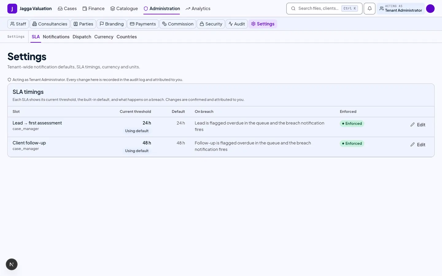 The settings screen with notification defaults and service-level timings.